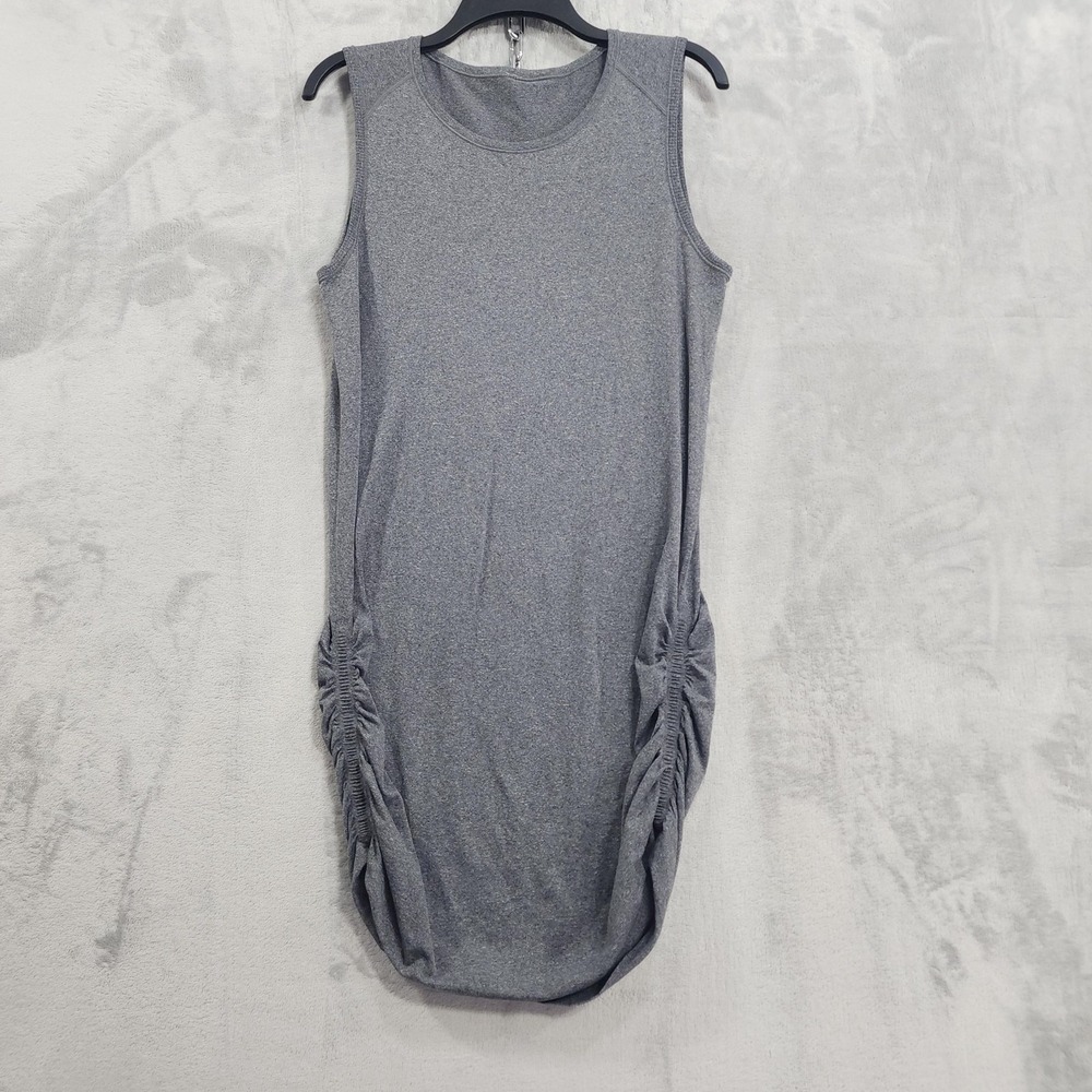 Lululemon In The Flow Dress Heathered Black Womens 8 Sleeveless Ruched Side Mini